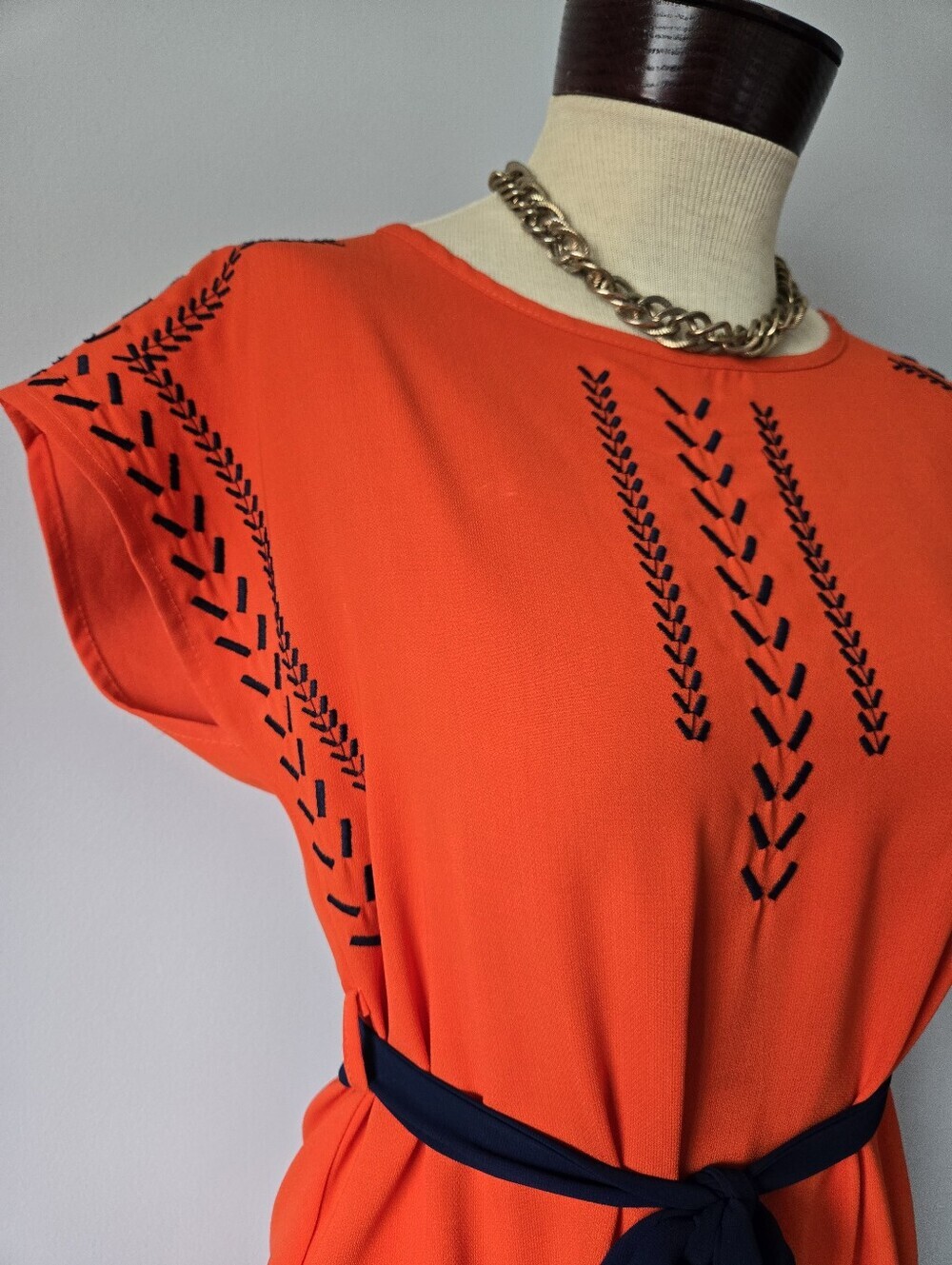 Ya Los Angeles Bright Orange Dress With Navy Embroidery. Belted Dress. Size Sm - Picture 3 of 12